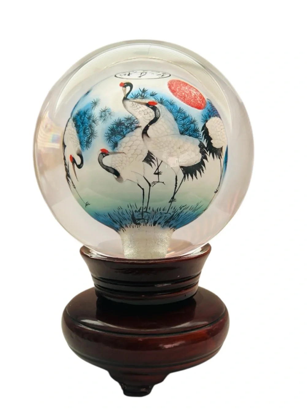 Vintage Chinese Asian Reverse Hand Painted Cranes Glass Orb On Wooden Stand - Picture 3 of 5